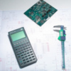 Calipers, calculator, electronic circuit on schematic diagram